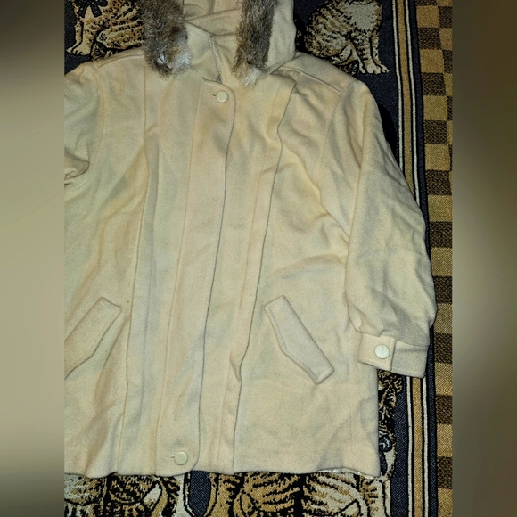 Herman Kay wool coat jacket ivory eggshell-white faux fur trim hooded pockets - Picture 3 of 7